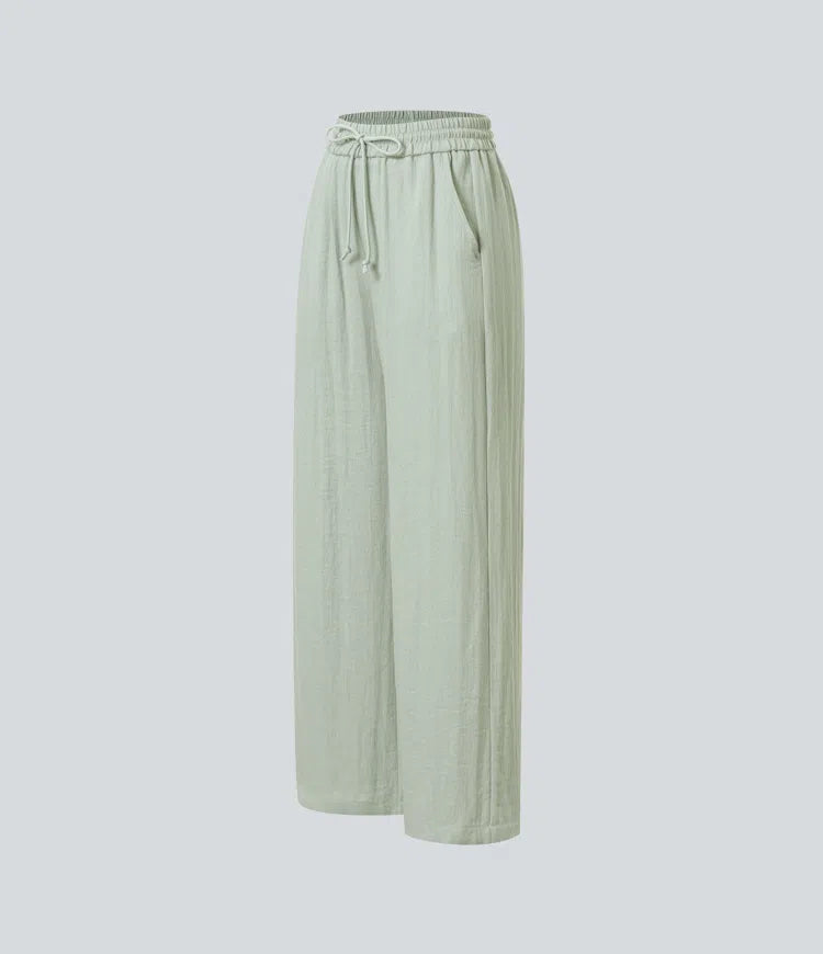 High Waisted Drawstring Pocket Wide Leg Baggy Casual Linen-Feel Pants