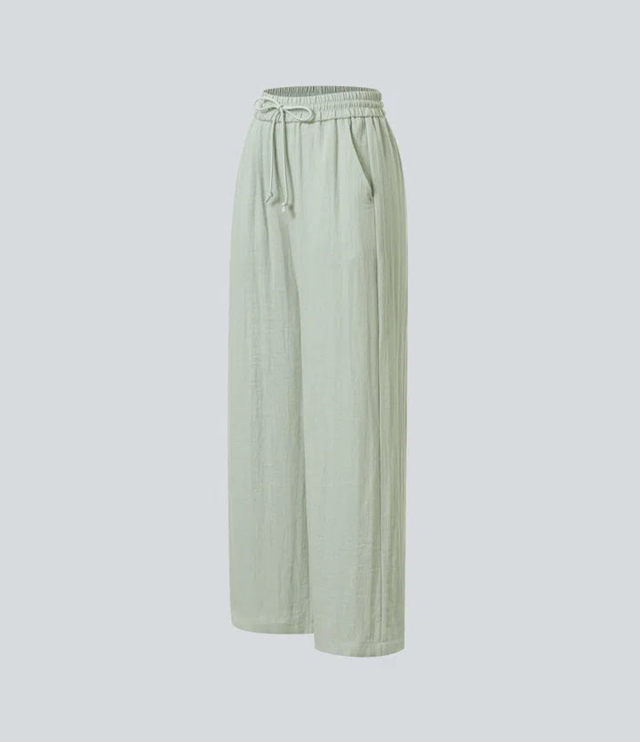 High Waisted Drawstring Pocket Wide Leg Baggy Casual Linen-Feel Pants