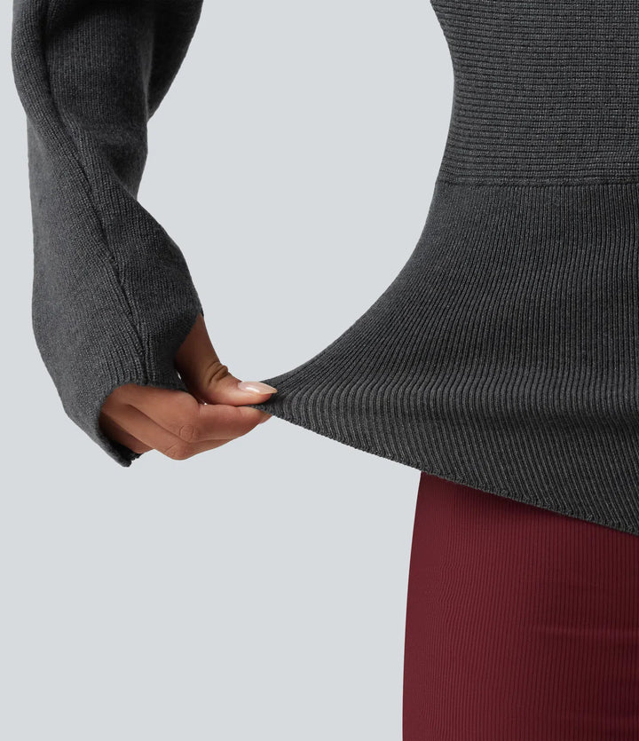 Boat Neck Batwing Long Sleeve Thumb Hole Work Sweater