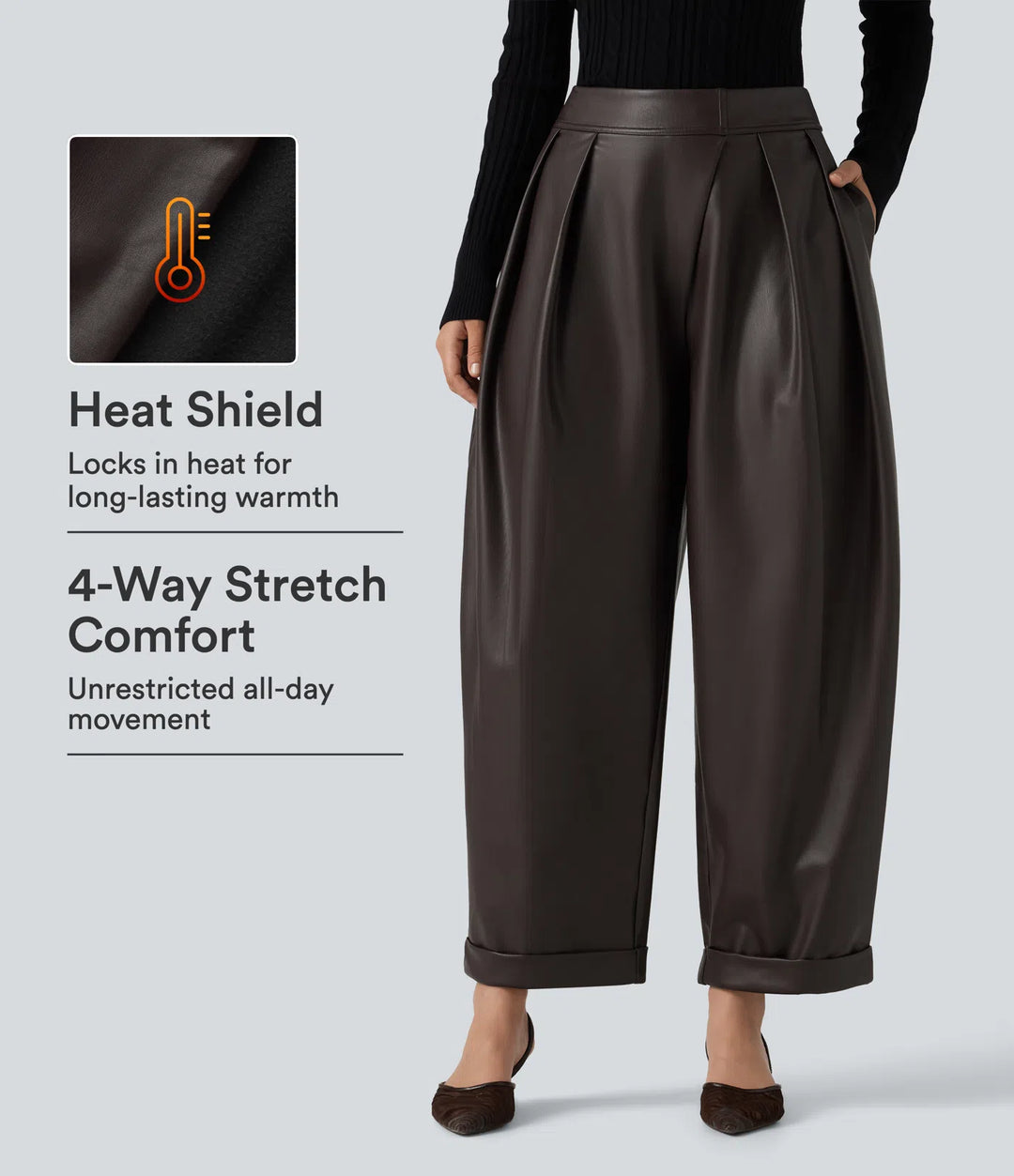 High Waisted Barrel Leg Stretchy PU Fleece Casual Pants with Pockets
