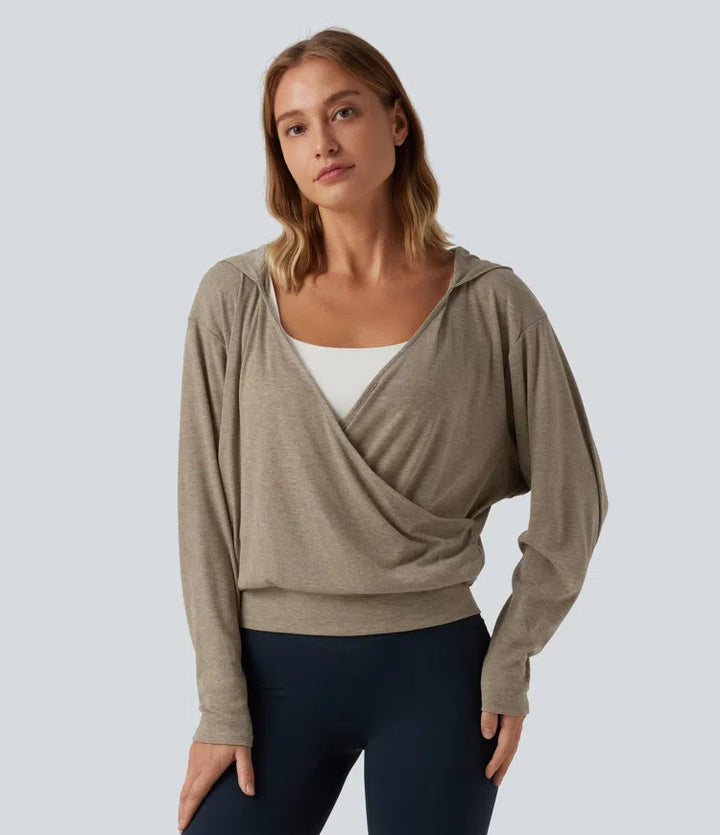 Hooded Dropped Long Sleeve Crossover Wrapped Yoga Sports Top