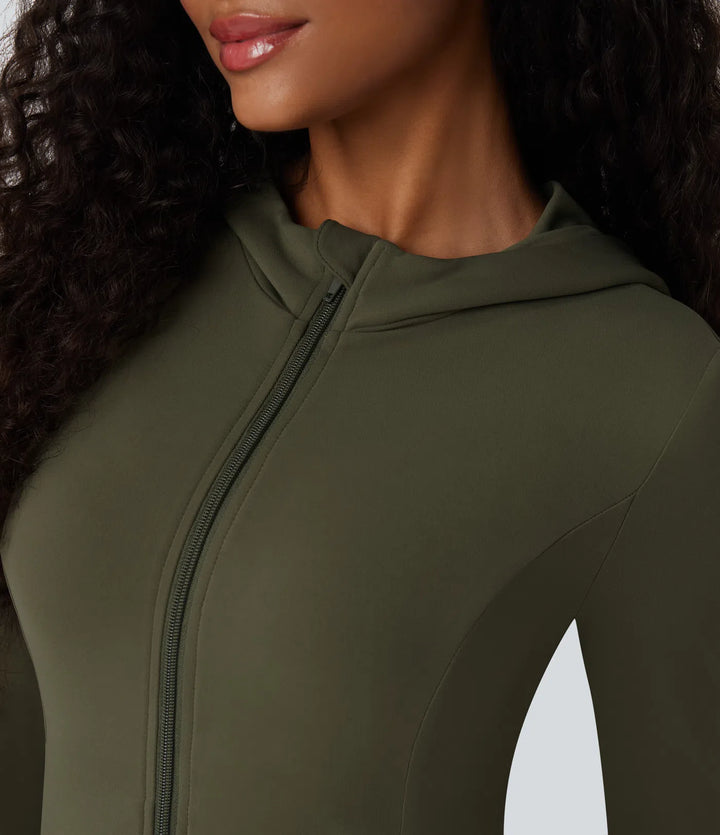 SoftlyZero Hooded Long Sleeve Thumb Hole Pleated Jacket with Pockets
