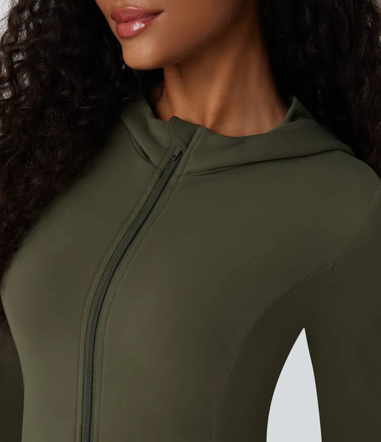 SoftlyZero Hooded Long Sleeve Thumb Hole Pleated Jacket with Pockets
