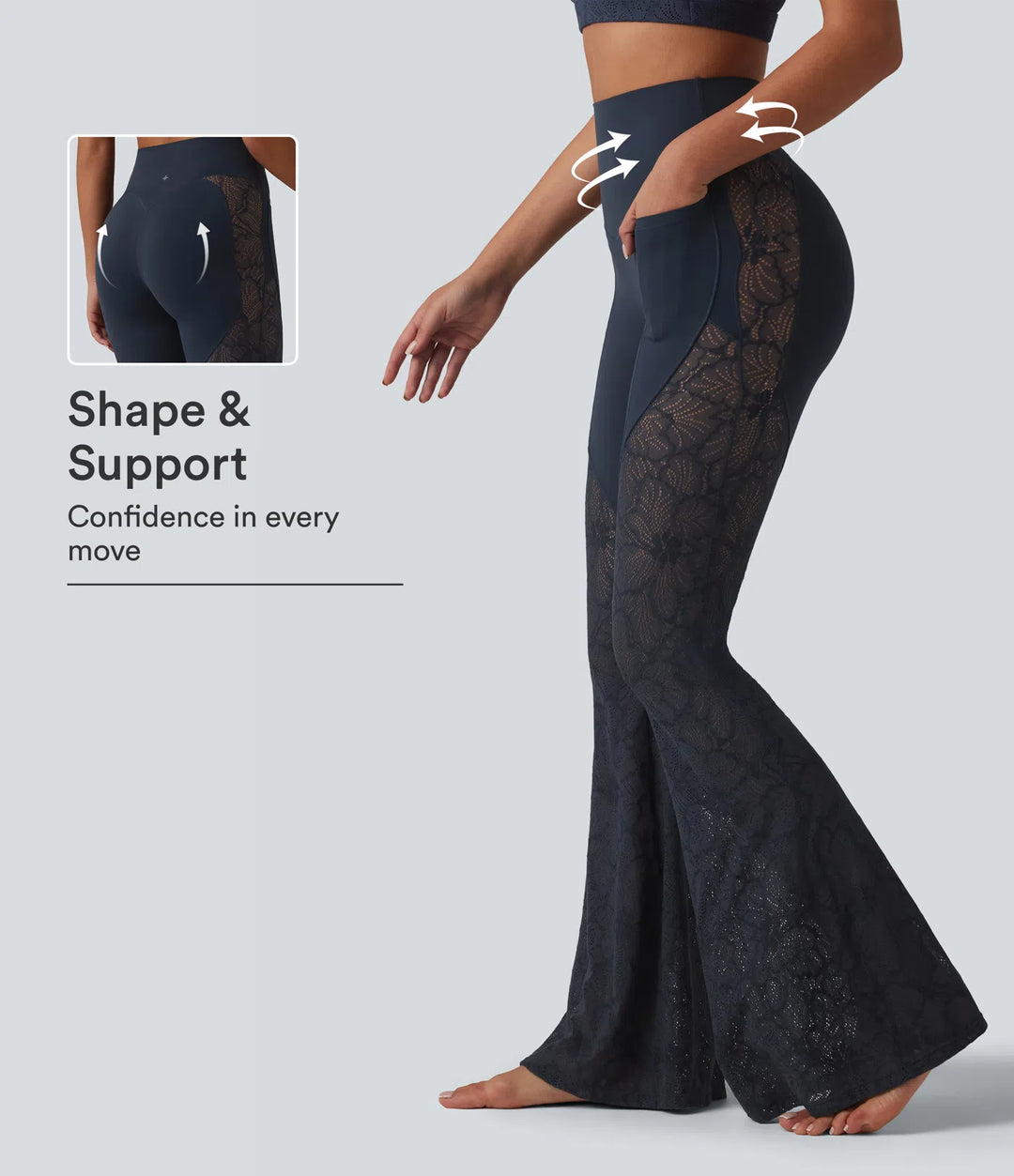 Halara UltraSculpt High Waisted Tummy Control Contrast Lace Yoga Flare Leggings with Pockets