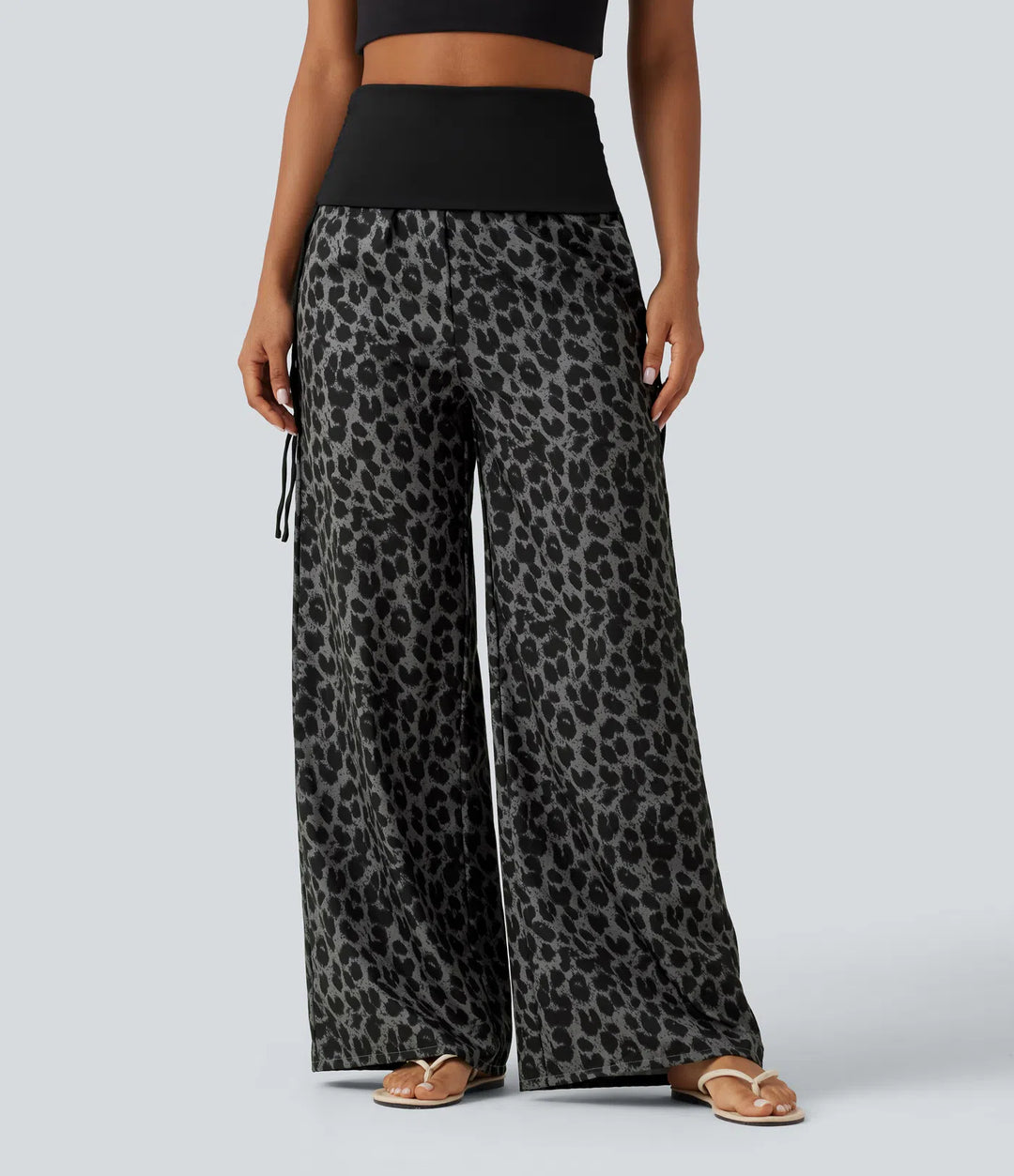 Foldover High Waisted Ruched Drawstring Baggy Leopard Print Casual Pants with Pockets