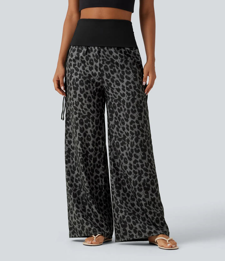 Foldover High Waisted Ruched Drawstring Baggy Leopard Print Casual Pants with Pockets
