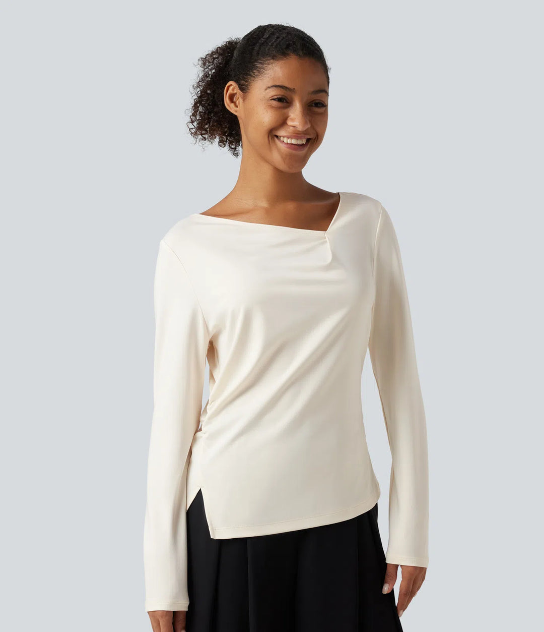 Asymmetric Cowl Neck Long Sleeve Ruched Slit Hem Work Blouse