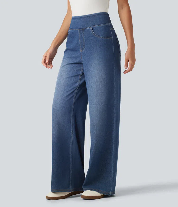 HalaraFlex High Waisted Wide Leg Silver Shine Casual Jeans with Pockets