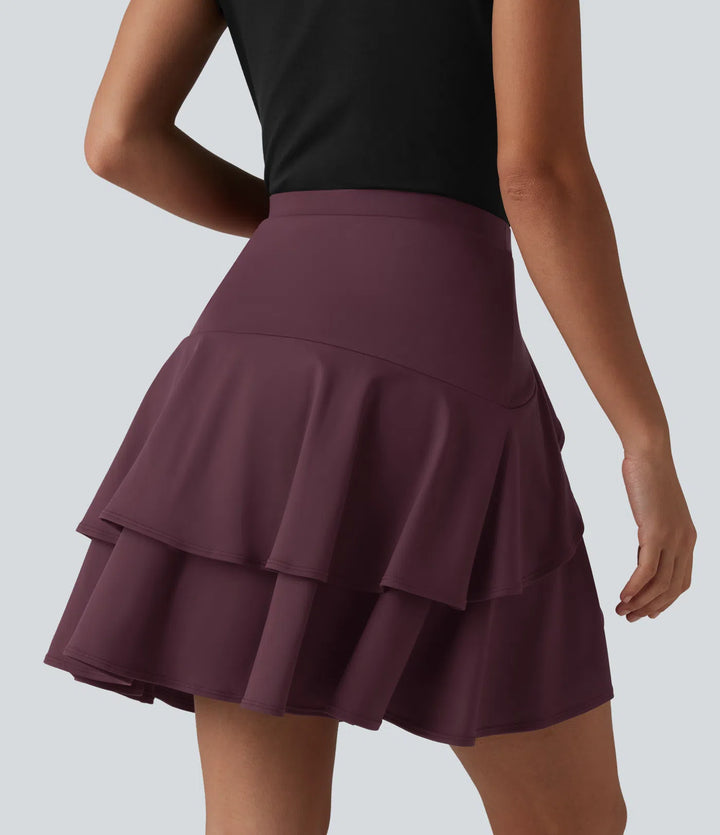 SoftlyZero Airy High Waisted Tiered Ruffle Hem 2-in-1 InstantCool Longer Mini Casual Skirt with Pocket