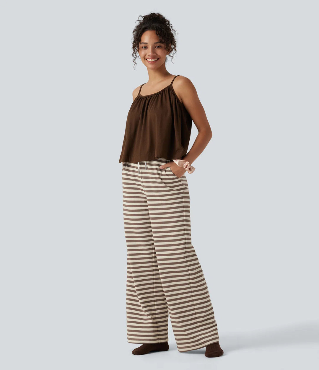 Mid Rise Drawstring Stripe Wide Leg Lounging Sweatpants with Pockets