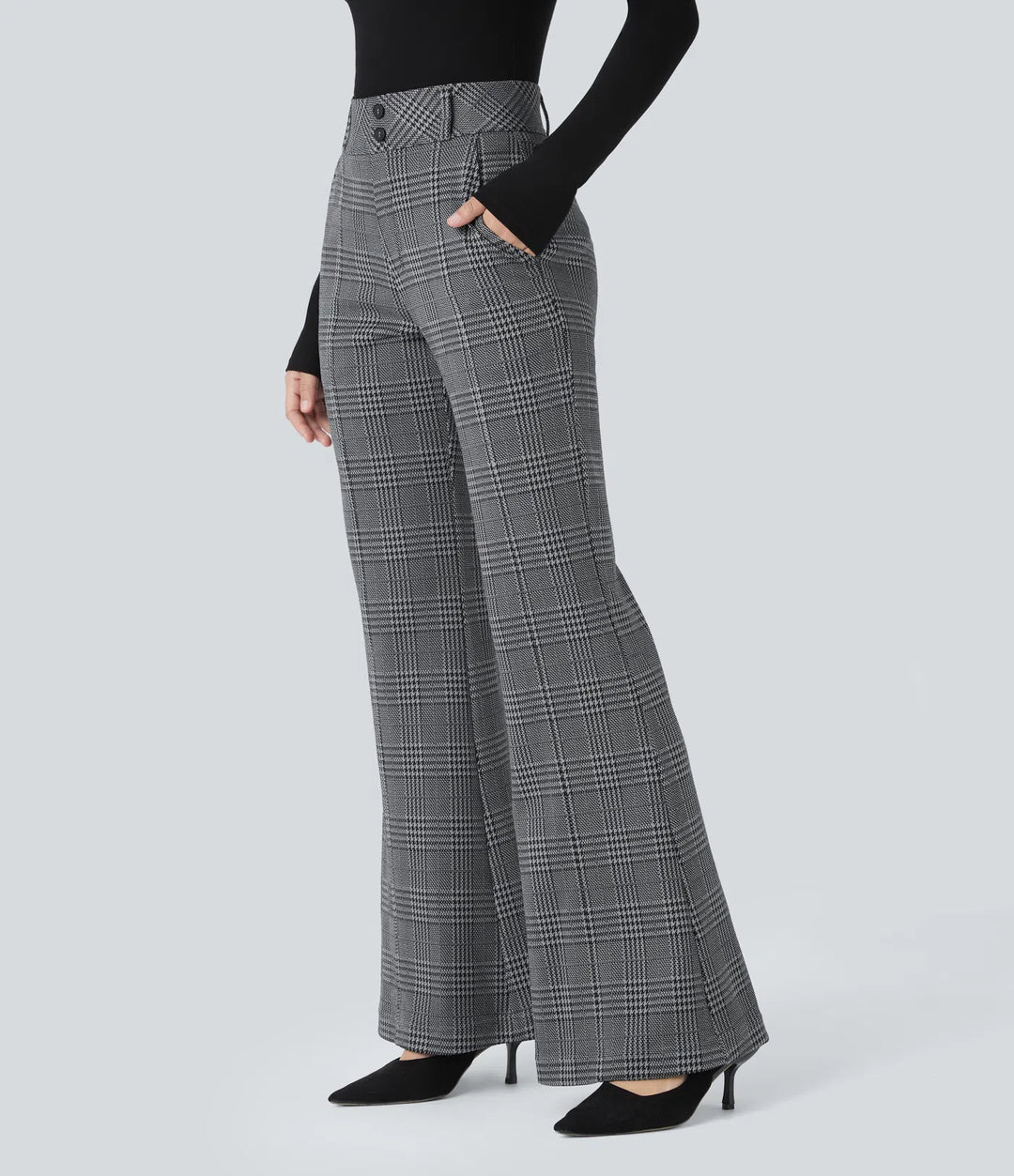Halara Flex High Waisted Decorative Pocket Houndstooth Plaid Work Flare Pants