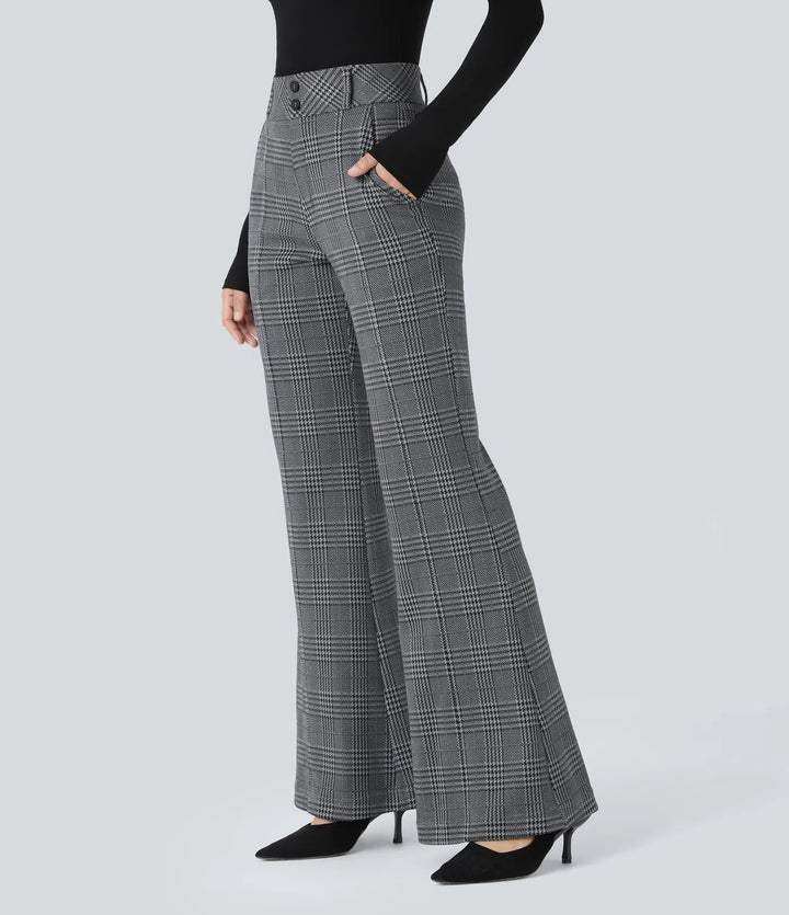 Halara Flex High Waisted Decorative Pocket Houndstooth Plaid Work Flare Pants