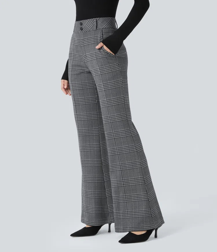 Halara Flex High Waisted Decorative Pocket Houndstooth Plaid Work Flare Pants