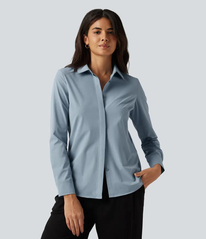 Collared Long Sleeve Curved Hem Work Shirt