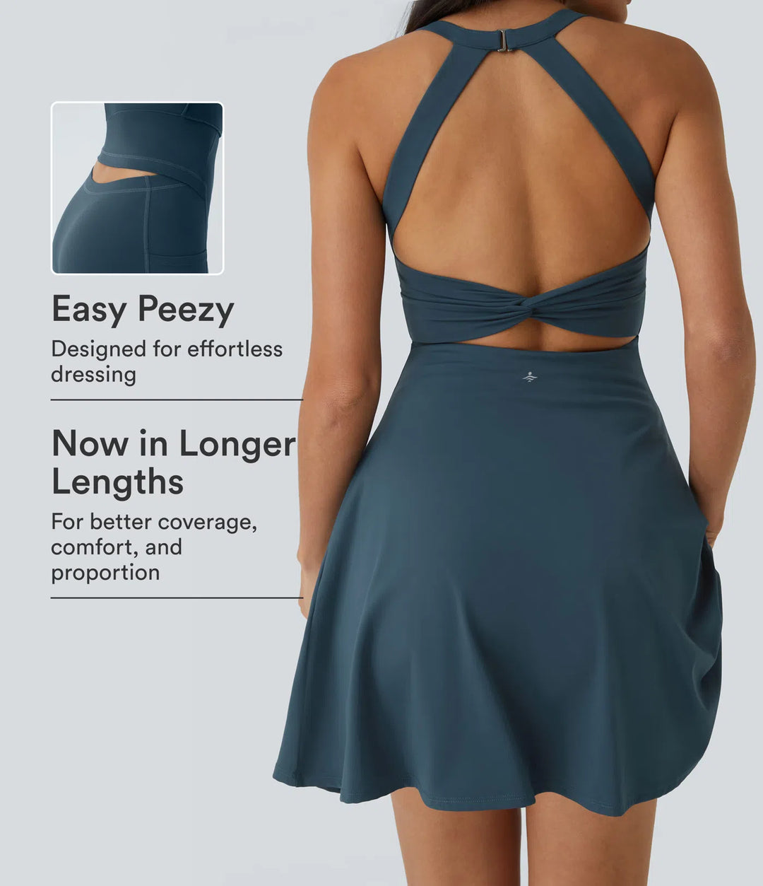SoftlyZero Airy Backless Twisted Flare Low Support Dance Active Dress-Longer Length-Easy Peezy Edition A-D Cups