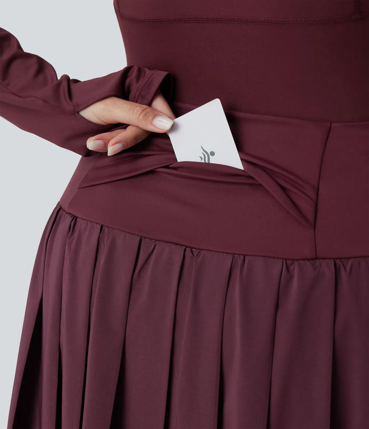 Breezeful High Waisted Pleated 2-in-1 Contrast Mesh Quick Dry Dance Plus Size Stirrup Skirted Leggings with Pockets