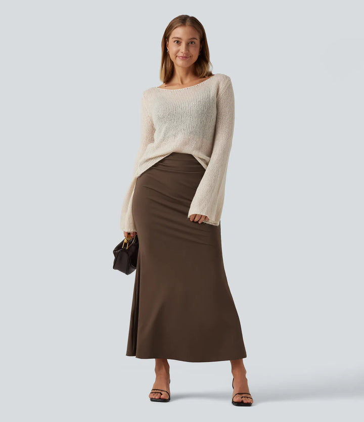 Tummy Control High Waisted 2-in-1 Ruched Casual Midi Mermaid Skirt