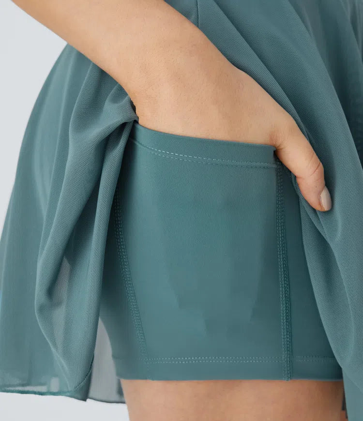 High Waisted Drawstring Contrast Mesh 2-in-1 Pocket Flowy Mini Flare Casual Skirt