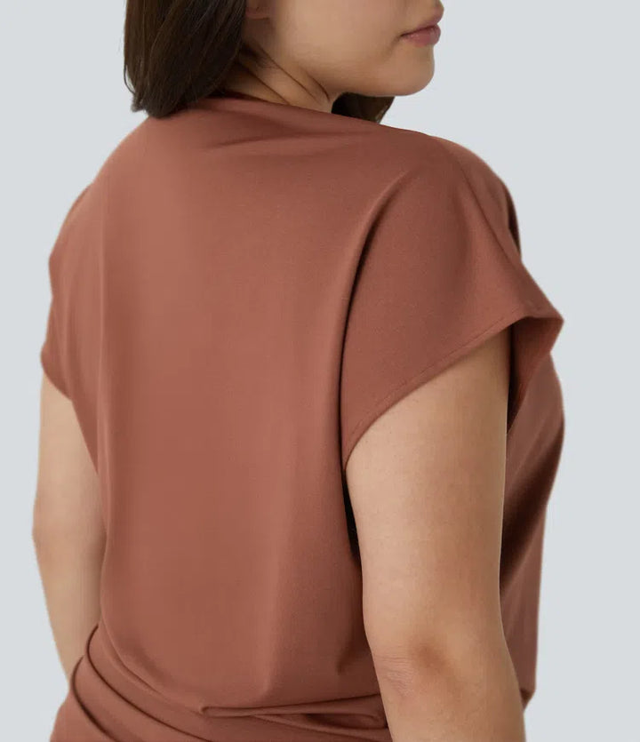 V Neck Cap Sleeve Crossover Ruched Solid Work Plus Size Blouse