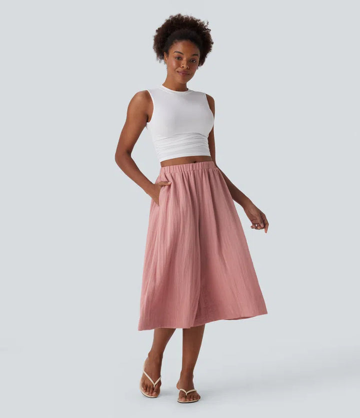 Mid Rise Wide Leg Flowy Linen-Feel Pants with Pocket