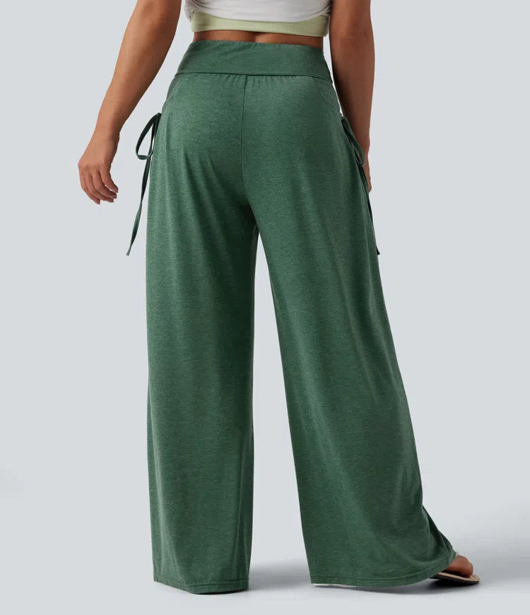 High Waisted Crossover Lace Up Wide Leg Baggy Heathered Casual Pants with Pockets