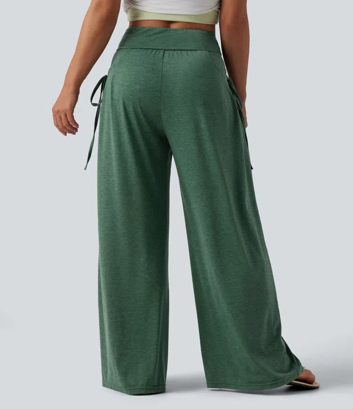 High Waisted Crossover Lace Up Wide Leg Baggy Heathered Casual Pants with Pockets