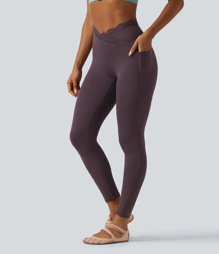 SoftlyZero High Waisted Crossover Contrast Lace Yoga Leggings with Pockets