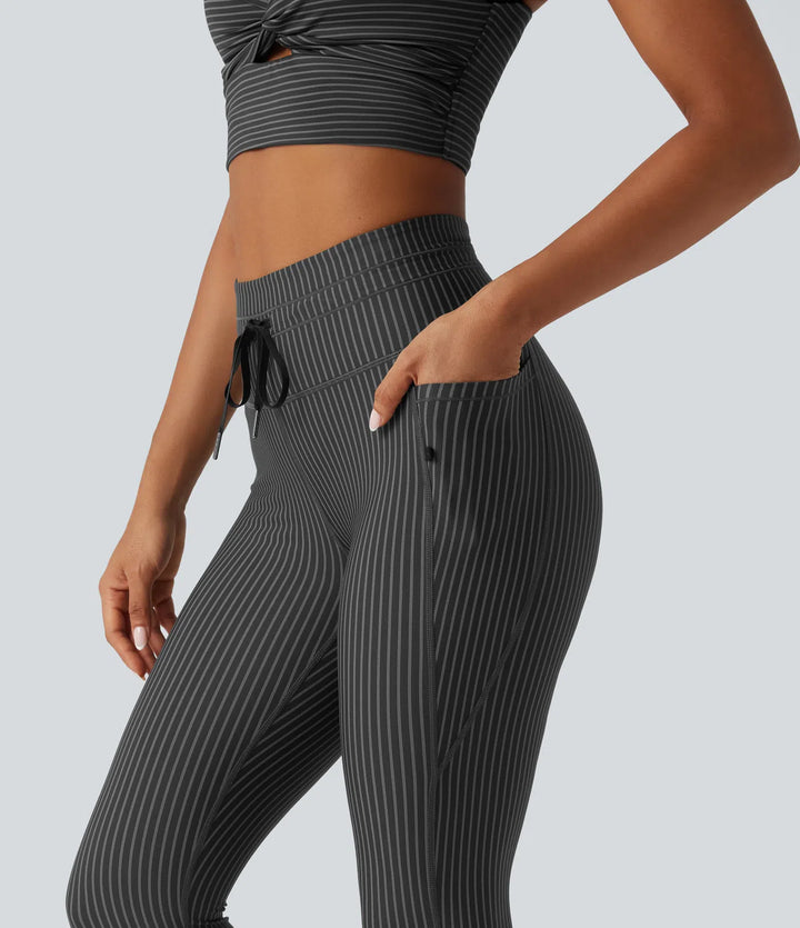 High Waisted Drawstring Stripe Yoga Leggings with Pockets