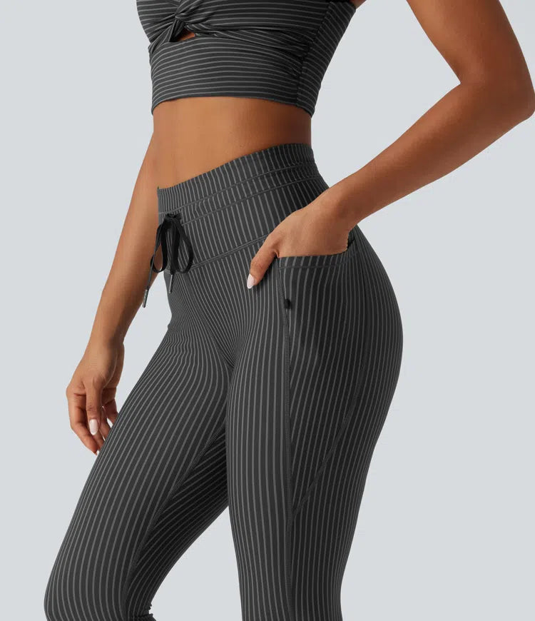 High Waisted Drawstring Stripe Yoga Leggings with Pockets