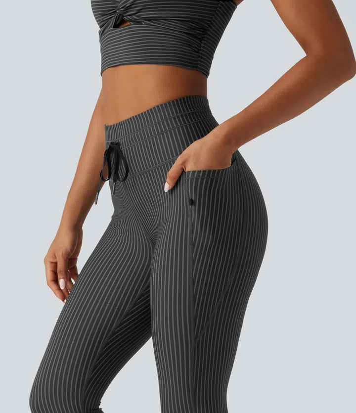 High Waisted Drawstring Stripe Yoga Leggings with Pockets