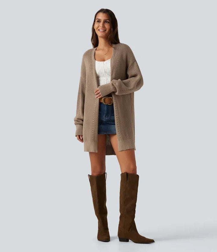 V Neck Open Front Long Sleeve Longline Casual Cardigan