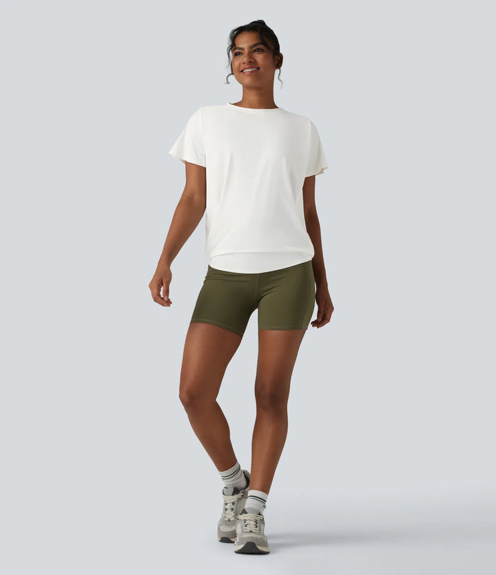 Round Neck Short Sleeve Ruched Cool Touch Yoga Sports Top-UPF50+