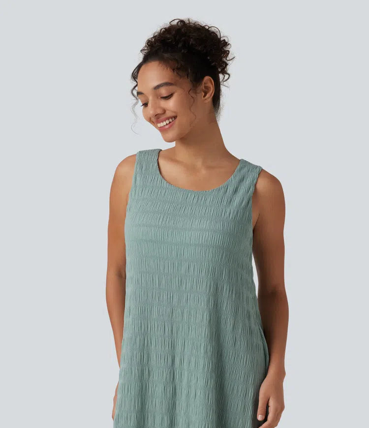 Round Neck Built-in Bra Sleeveless Ruffle Hem Midi Casual Dress