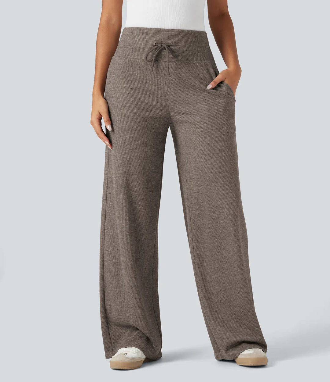 Ribbed Knit High Waisted Tummy Control Drawstring Casual Wide Leg Baggy Pants with Pockets