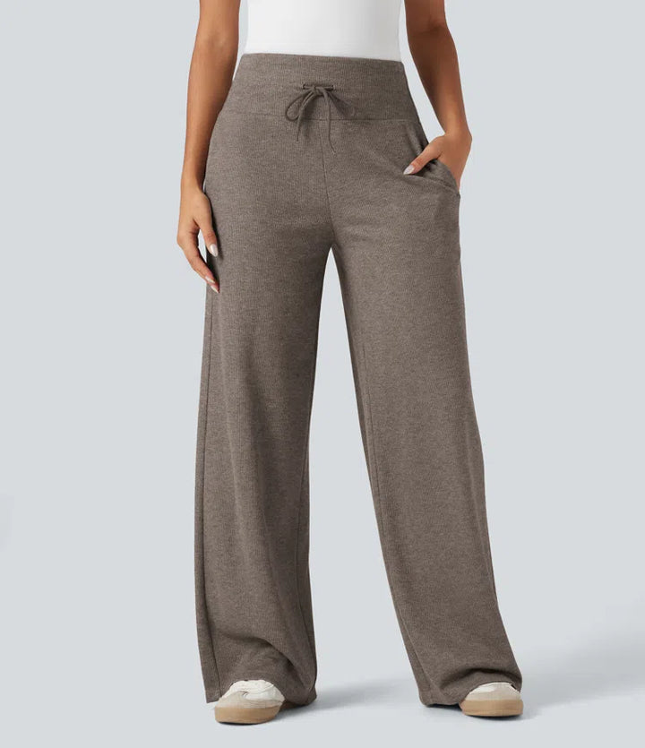 Ribbed Knit High Waisted Tummy Control Drawstring Casual Wide Leg Baggy Pants with Pockets