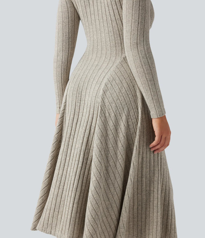 Ribbed Knit V Neck Long Sleeve Flare Midi Casual Dress