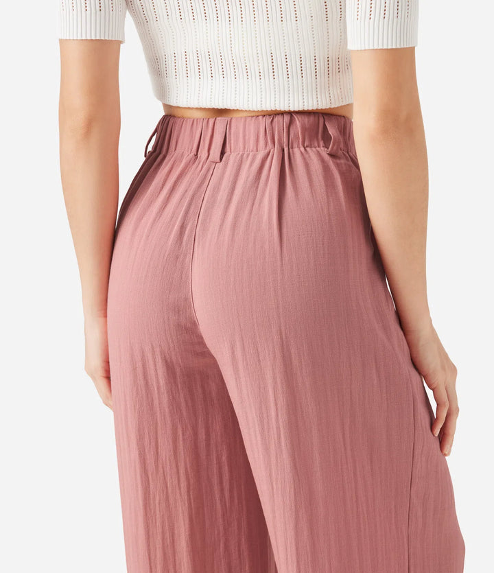 High Waisted Pocket Wide Leg Flowy Solid Palazzo Casual Linen-Feel Pants