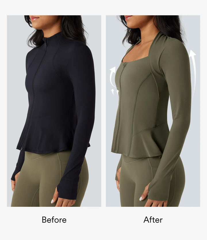 Halara UltraSculpt Push-Up Long Sleeve Thumb Hole Zipper Ruffle Hem Yoga Curvy Jacket