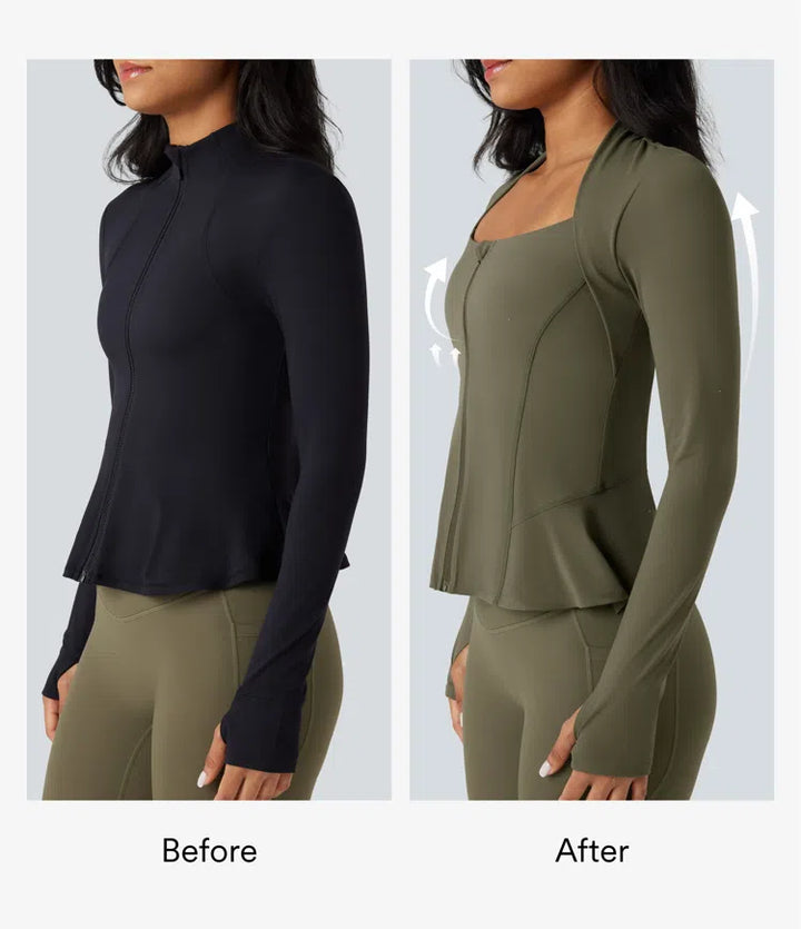 Halara UltraSculpt Push-Up Long Sleeve Thumb Hole Zipper Ruffle Hem Yoga Curvy Jacket