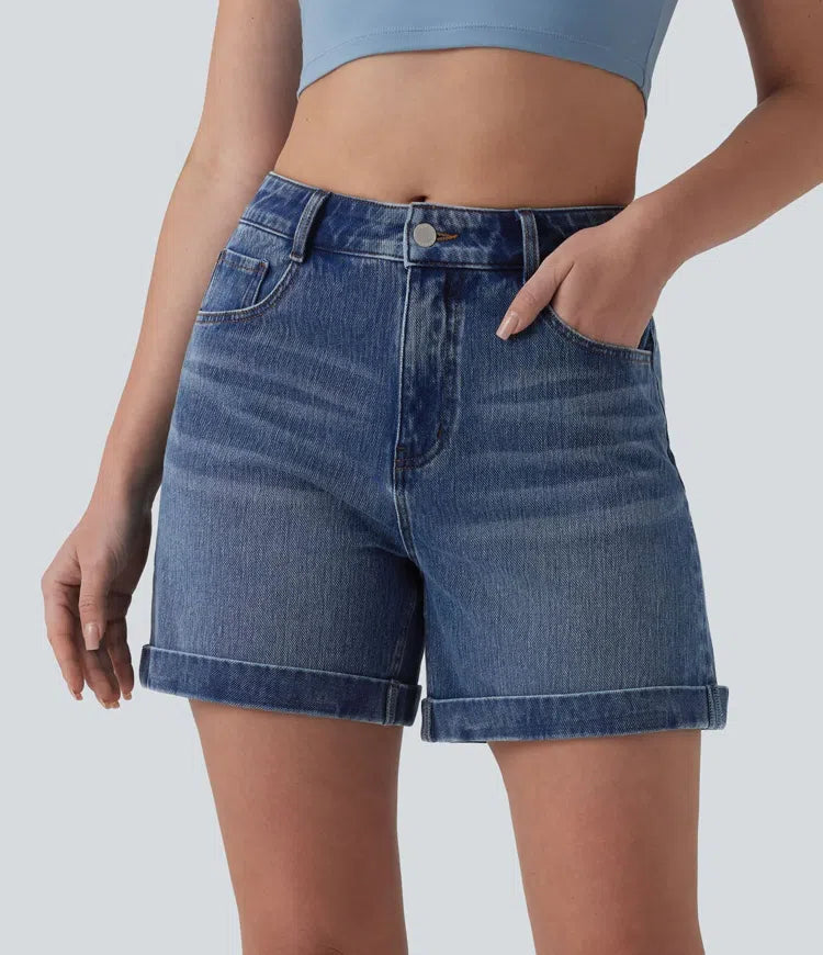 Halara Flex Mid Rise Rolled Hem Denim Casual Shorts 5&