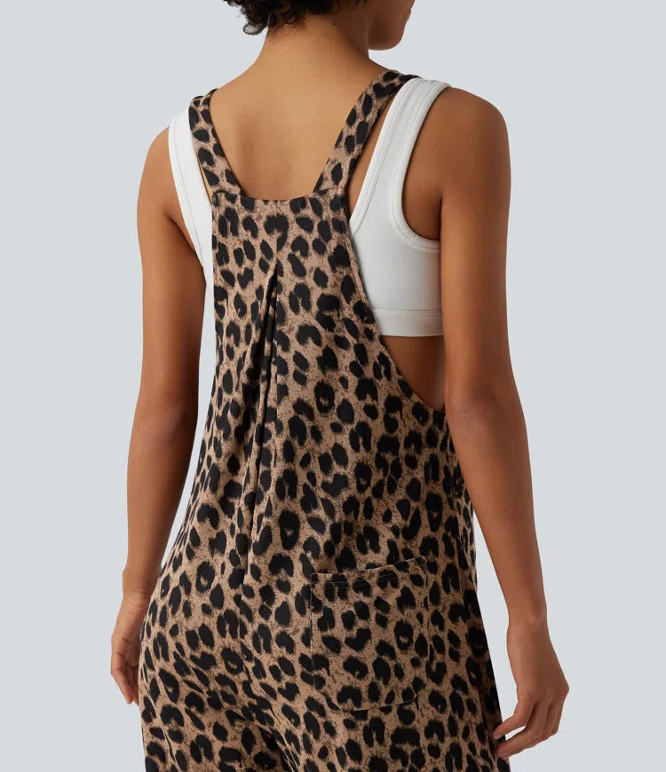 Adjustable Straps Leopard Print Waffle Casual Jogger Overalls with Pockets