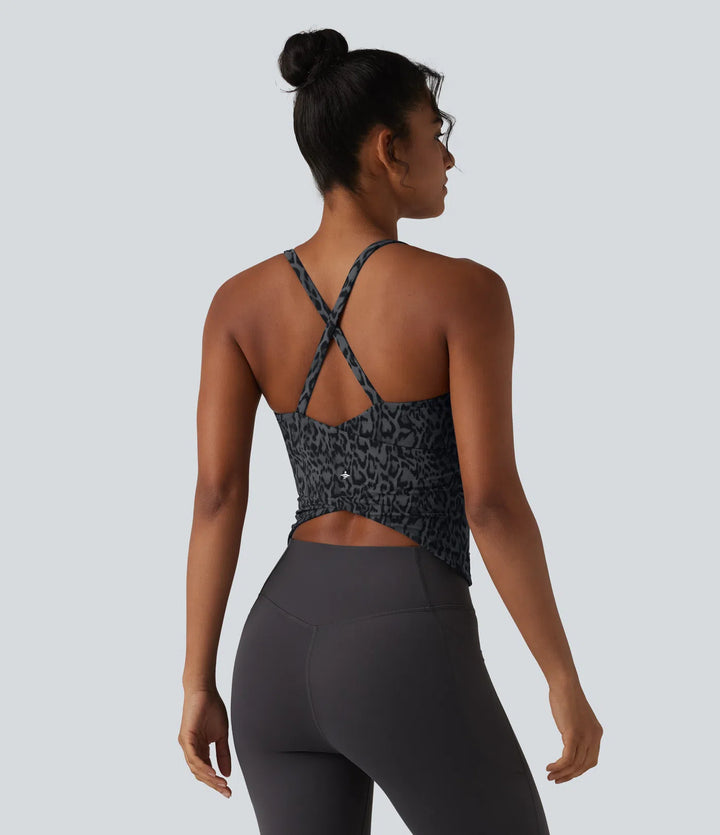 Halara UltraSculpt Leopard Print Scoop Neck Built-in Bra Crossover Hem Yoga Tank Top