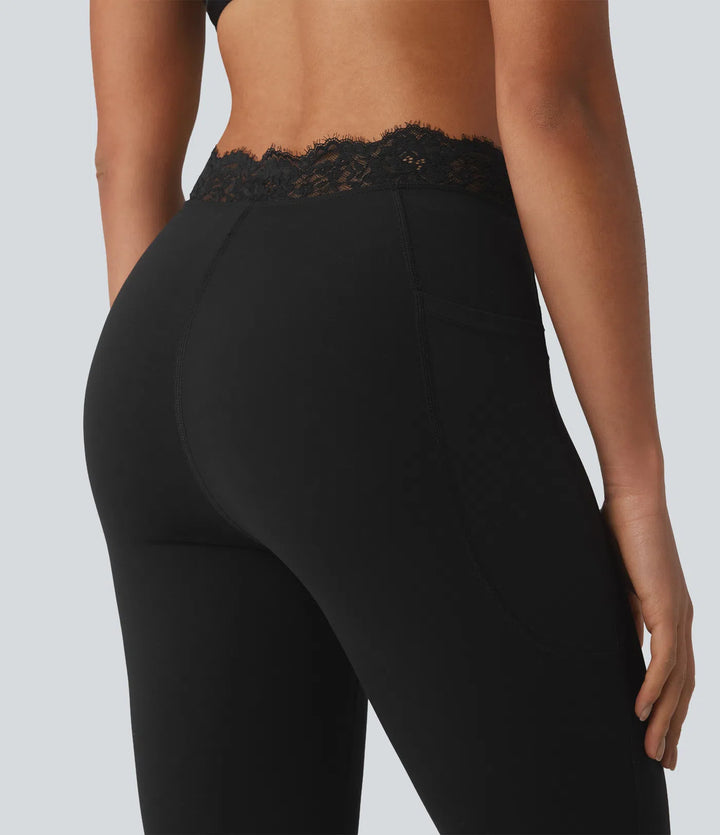 Halara UltraSculpt V-Shaped High Waisted Contrast Lace Yoga Flare Leggings with Pockets