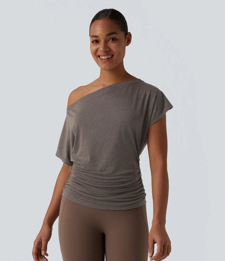 One Shoulder Short Sleeve Ruched Yoga Sports Top