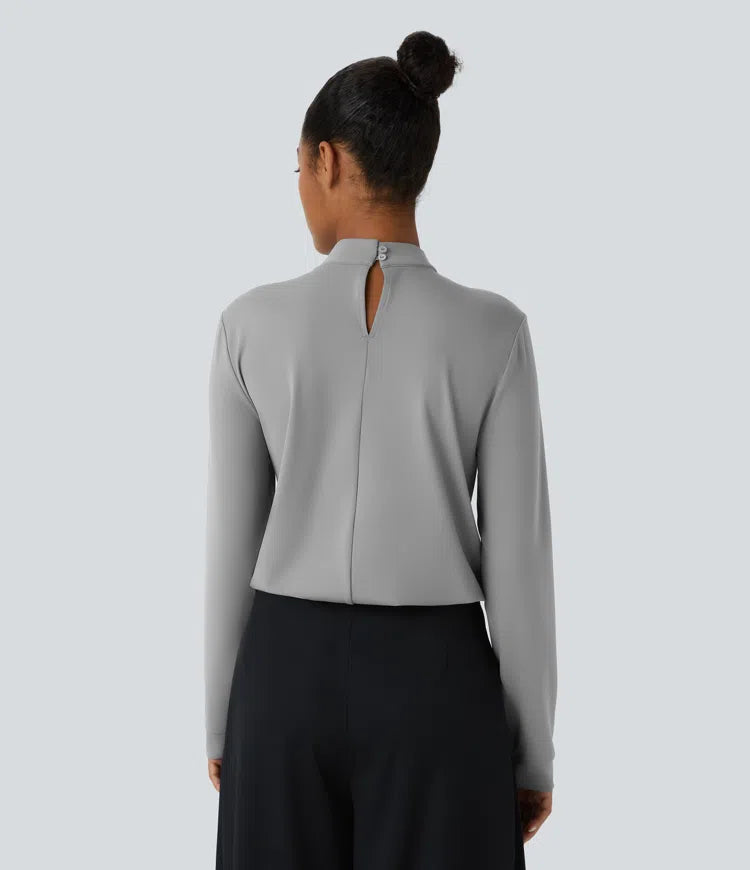 Stand Collar Back Long Sleeve Work Blouse
