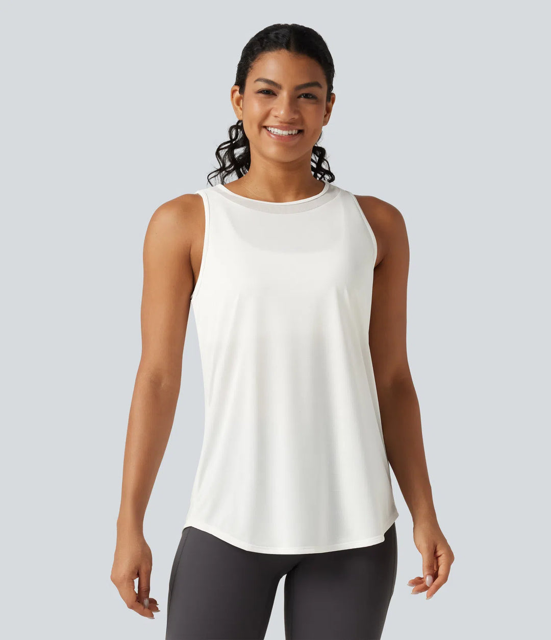 Contrast Mesh Curved Hem Running Tank Top-Longer Length