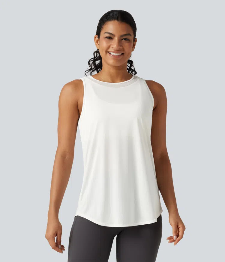 Contrast Mesh Curved Hem Running Tank Top-Longer Length