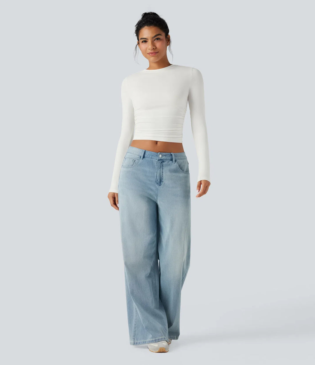 Round Neck Long Sleeve Ruched Casual Top