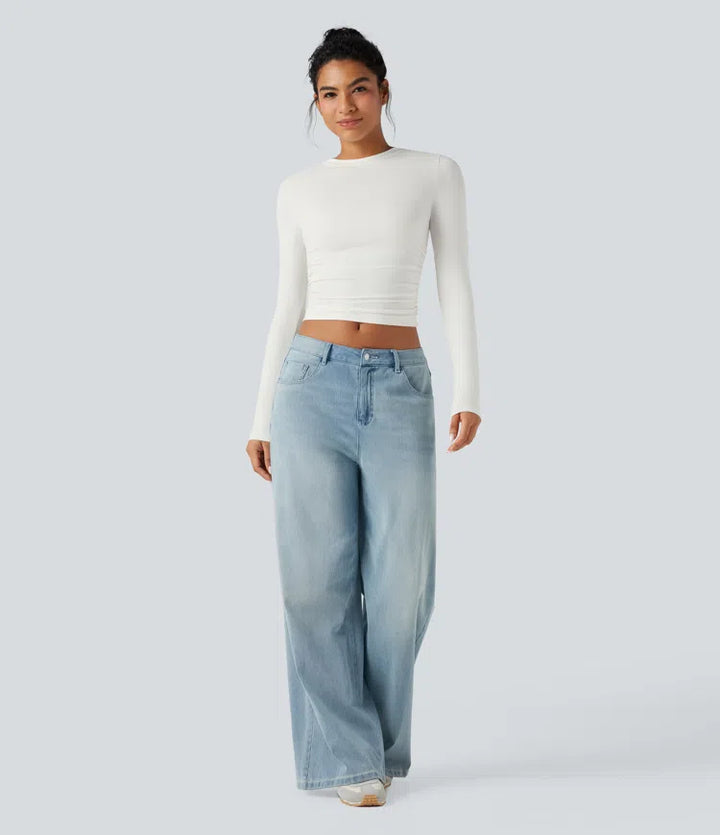 Round Neck Long Sleeve Ruched Casual Top