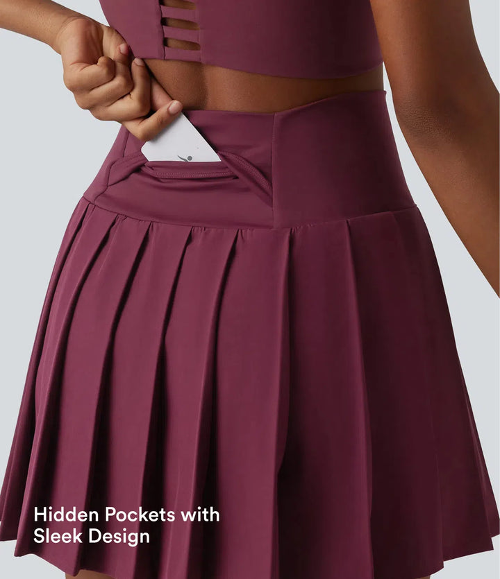 Breezeful High Waisted Pleated 2-in-1 Asymmetric Hem Quick Dry Mini Dance Skirt with Pockets-Longer Length